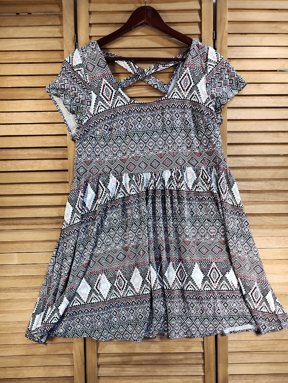 Torrid Aztec Geometric Print Babydoll Mini Dress Black Pink Mint